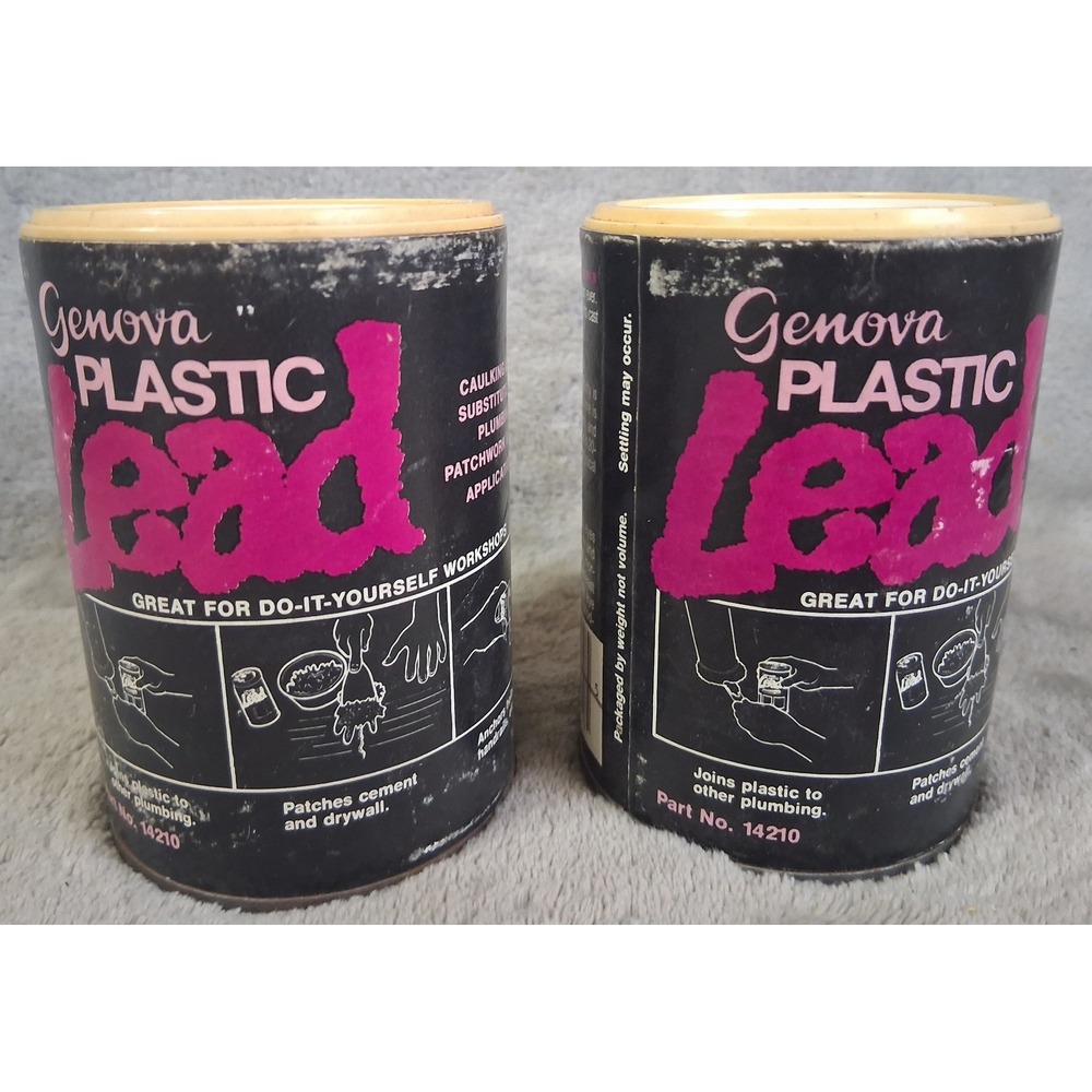 Vintage Genova Plastic Lead Caulking Cement Tins Pair Sealed New Old Stock NOS